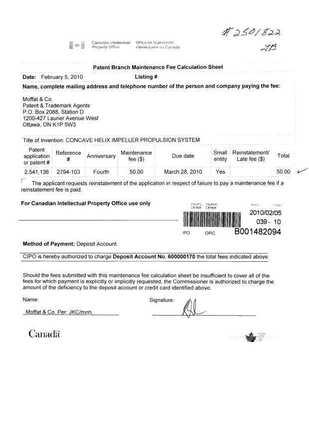 Canadian Patent Document 2541136. Fees 20100205. Image 1 of 1