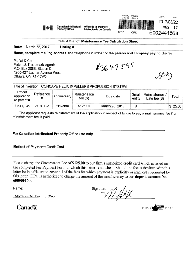 Canadian Patent Document 2541136. Maintenance Fee Payment 20170322. Image 1 of 1
