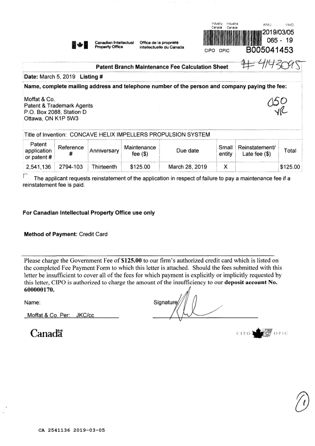 Canadian Patent Document 2541136. Maintenance Fee Payment 20190305. Image 1 of 1