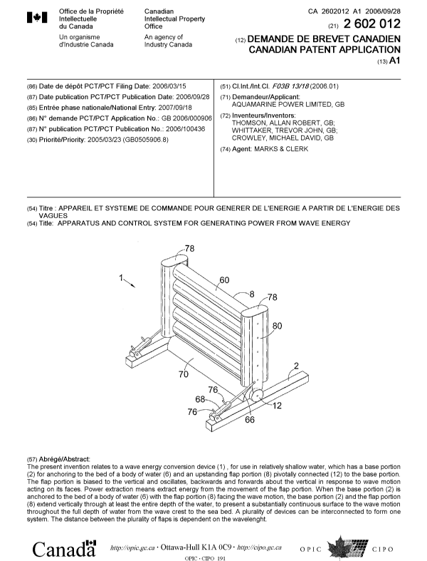 Canadian Patent Document 2602012. Cover Page 20071207. Image 1 of 1