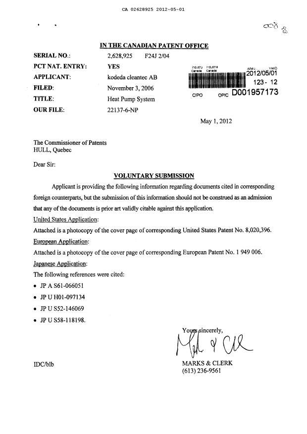 Canadian Patent Document 2628925. Prosecution-Amendment 20120501. Image 1 of 1