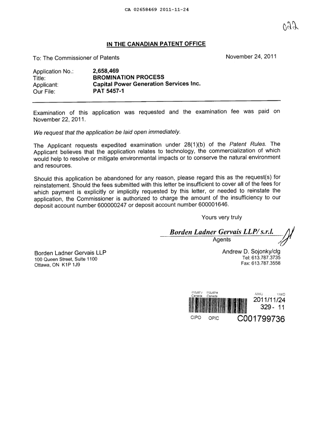 Canadian Patent Document 2658469. Correspondence 20111124. Image 1 of 1