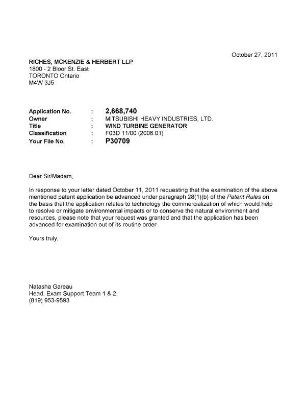 Document de brevet canadien 2668740. Poursuite-Amendment 20111027. Image 1 de 1
