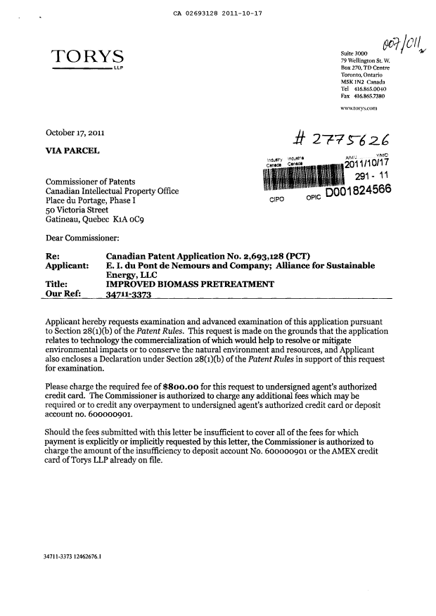 Canadian Patent Document 2693128. Prosecution-Amendment 20111017. Image 1 of 3