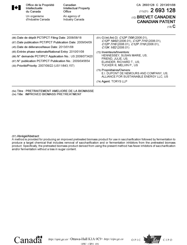 Canadian Patent Document 2693128. Cover Page 20121227. Image 1 of 1