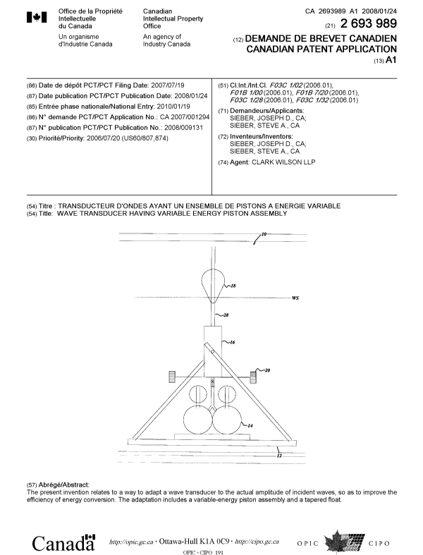 Canadian Patent Document 2693989. Cover Page 20100401. Image 1 of 1
