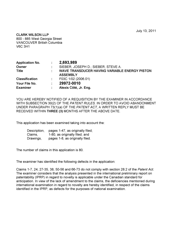 Canadian Patent Document 2693989. Prosecution-Amendment 20110713. Image 1 of 3
