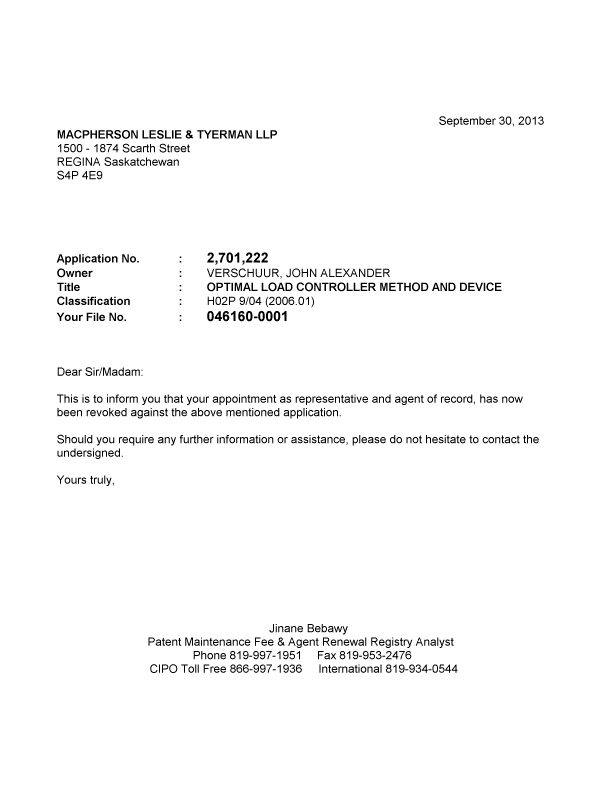 Canadian Patent Document 2701222. Correspondence 20130930. Image 1 of 1