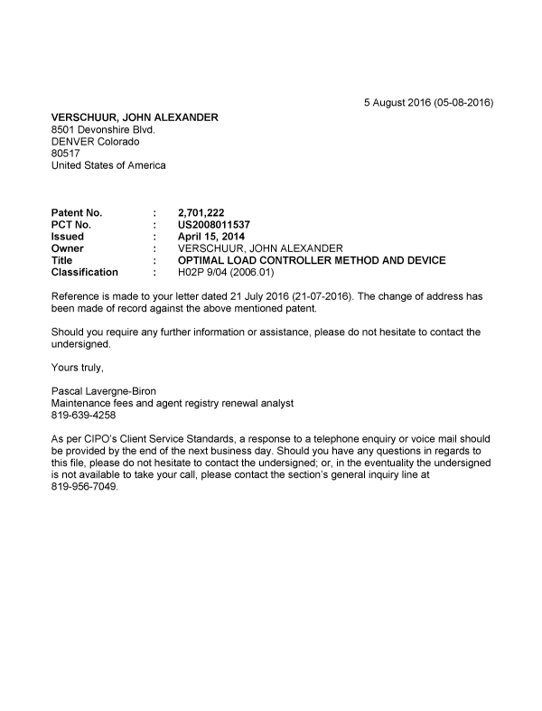 Canadian Patent Document 2701222. Office Letter 20160805. Image 1 of 1