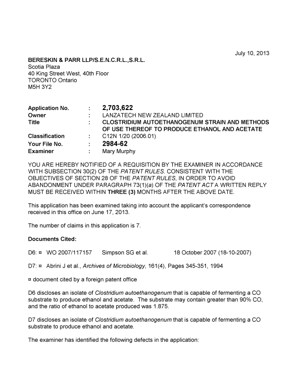 Canadian Patent Document 2703622. Prosecution-Amendment 20130710. Image 1 of 3