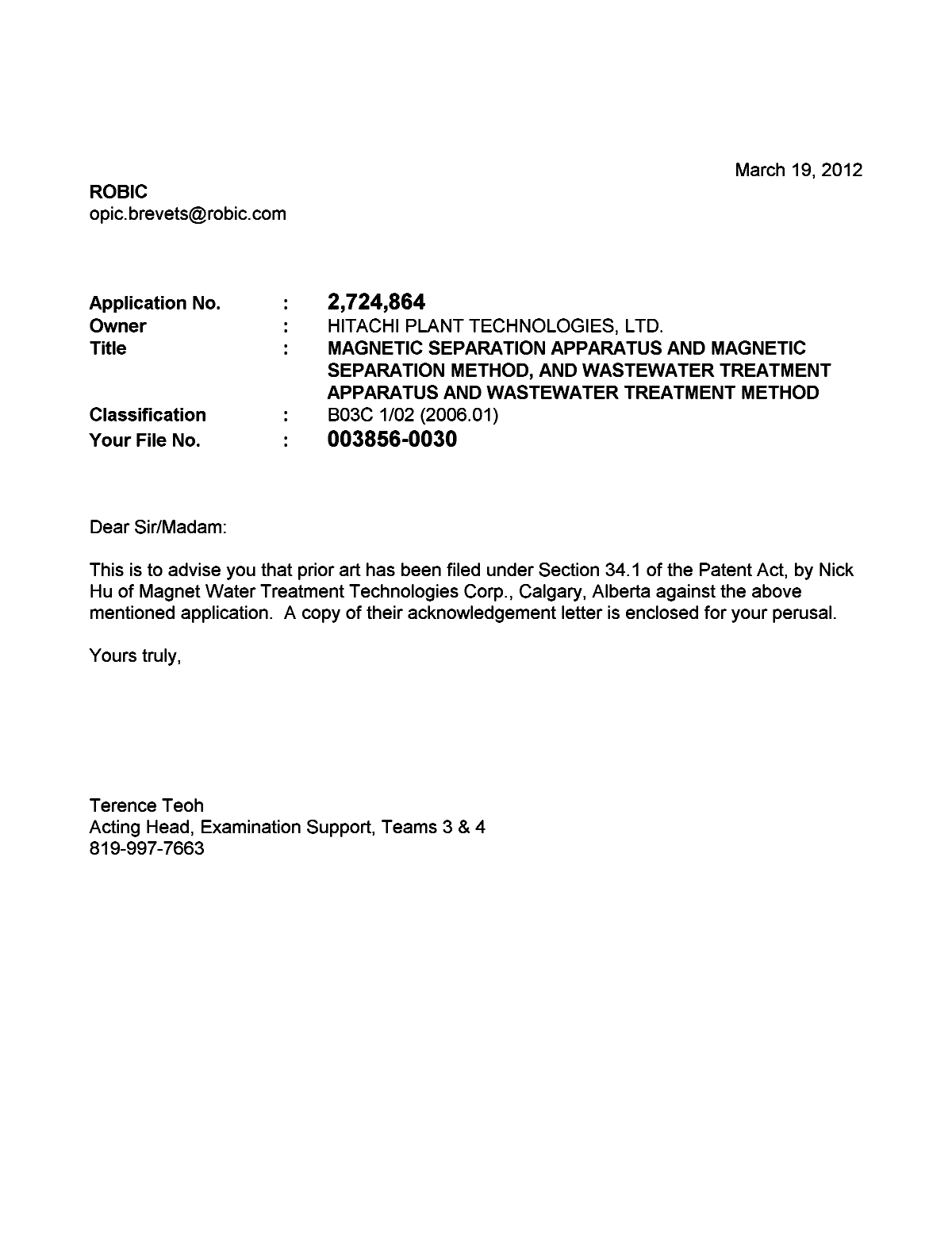 Canadian Patent Document 2724864. Prosecution-Amendment 20120319. Image 1 of 2