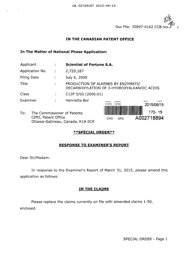 Canadian Patent Document 2729187. Amendment 20150615. Image 1 of 10