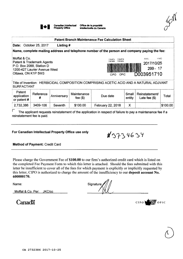 Canadian Patent Document 2732386. Maintenance Fee Payment 20171025. Image 1 of 1