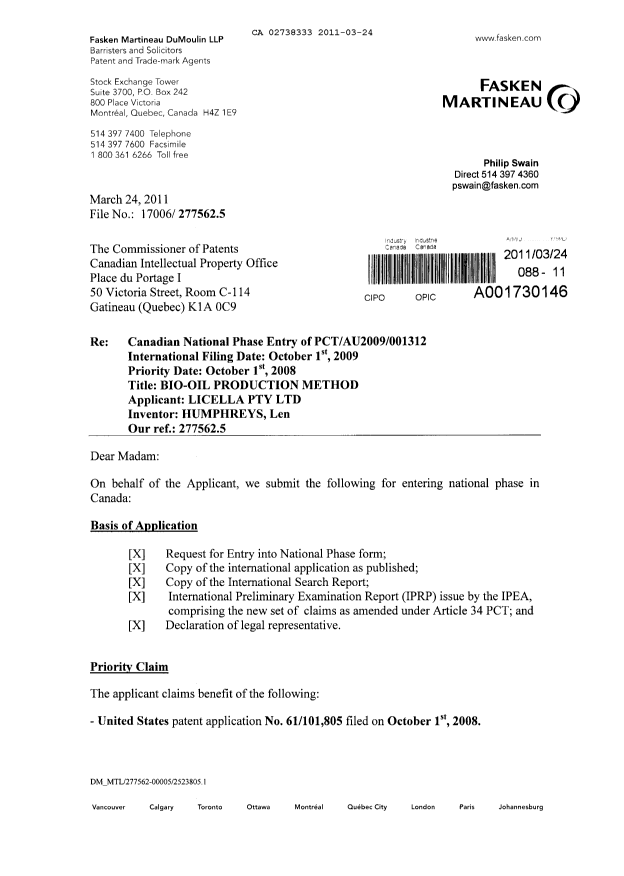 Canadian Patent Document 2738333. Assignment 20110324. Image 1 of 5