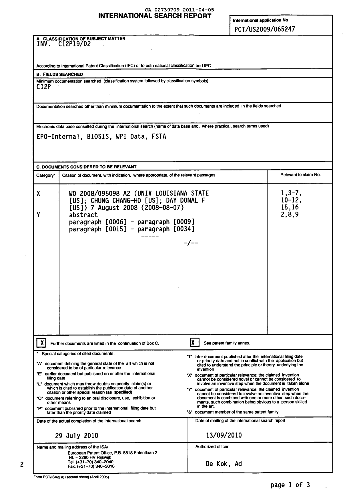 Canadian Patent Document 2739709. PCT 20110405. Image 1 of 6