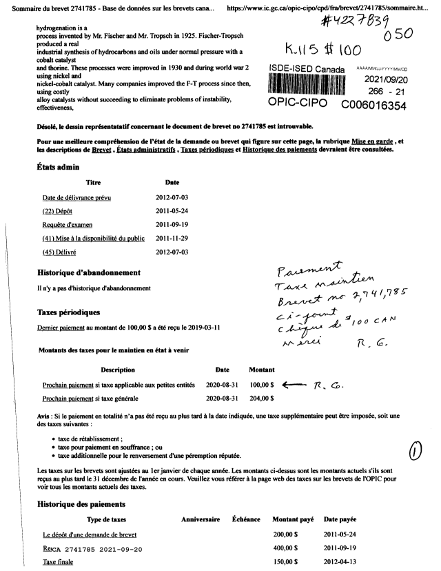 Canadian Patent Document 2741785. Maintenance Fee Payment 20210920. Image 1 of 1