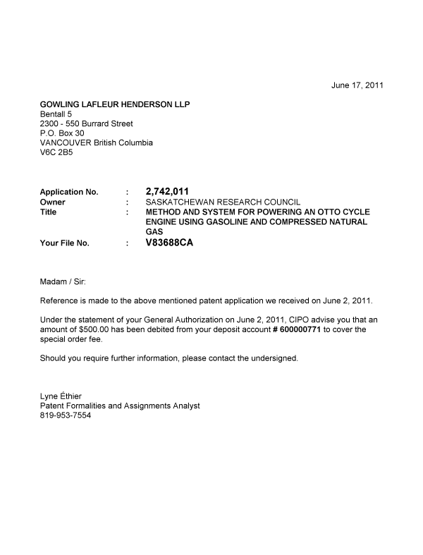 Canadian Patent Document 2742011. Correspondence 20110617. Image 1 of 1