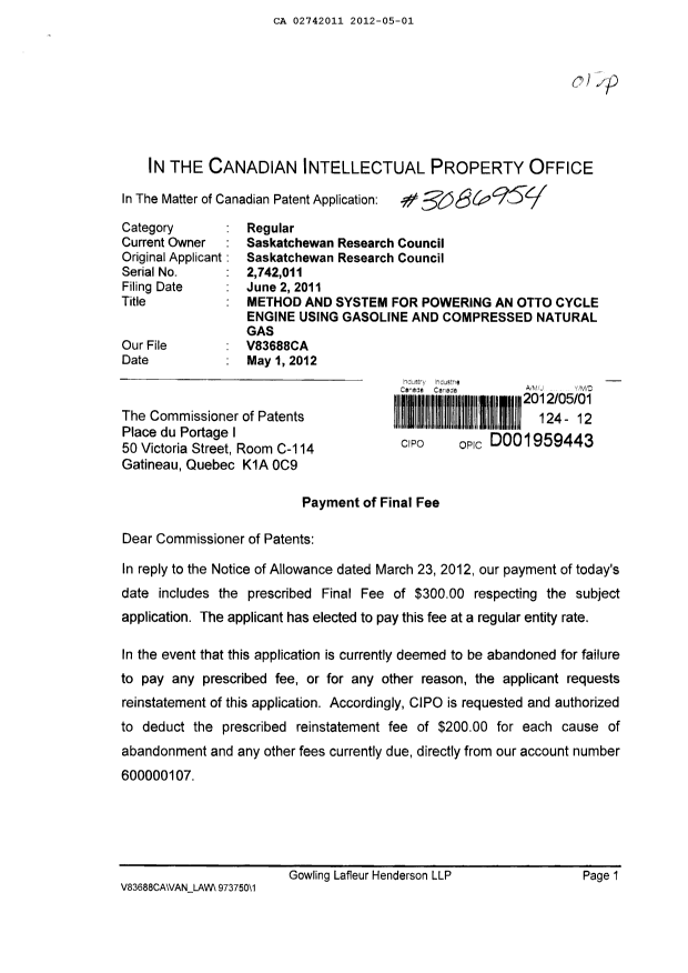 Canadian Patent Document 2742011. Correspondence 20120501. Image 1 of 2