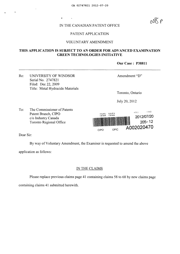 Canadian Patent Document 2747821. Prosecution-Amendment 20120720. Image 1 of 3