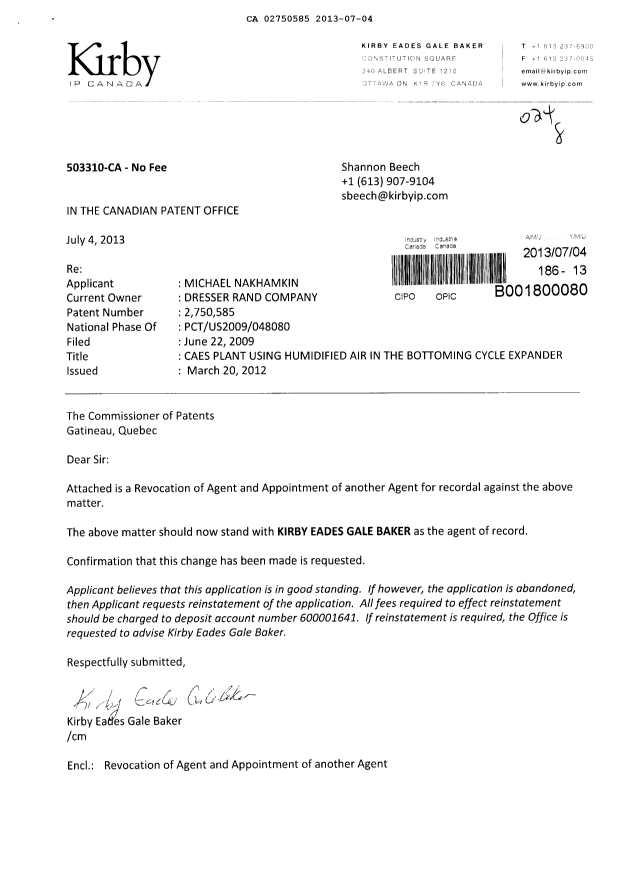 Canadian Patent Document 2750585. Correspondence 20130704. Image 1 of 2