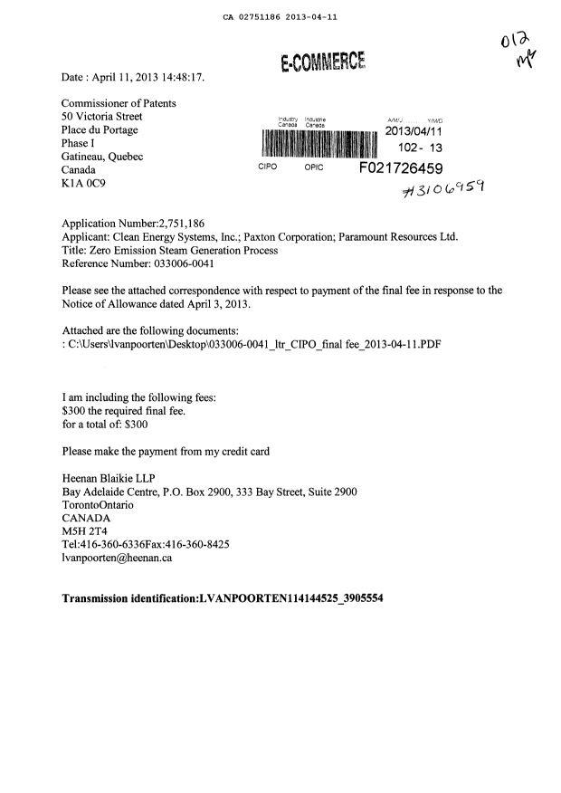 Canadian Patent Document 2751186. Correspondence 20130411. Image 1 of 3