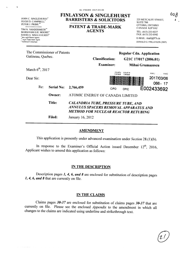Canadian Patent Document 2766459. Amendment 20170306. Image 1 of 21