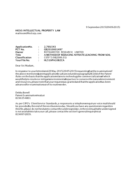 Canadian Patent Document 2769543. Special Order - Green Granted 20150909. Image 1 of 1