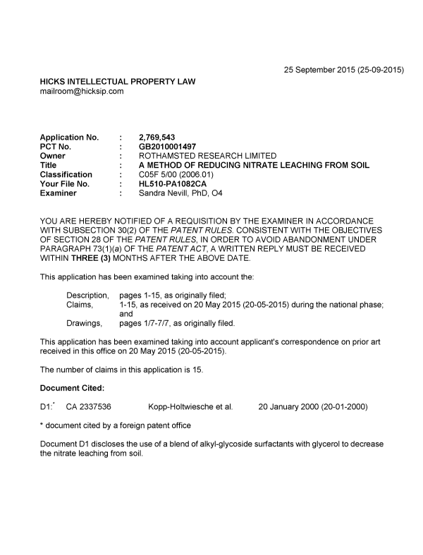 Canadian Patent Document 2769543. Examiner Requisition 20150925. Image 1 of 3