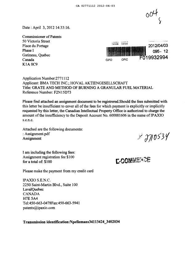 Document de brevet canadien 2771112. Cession 20120403. Image 1 de 5