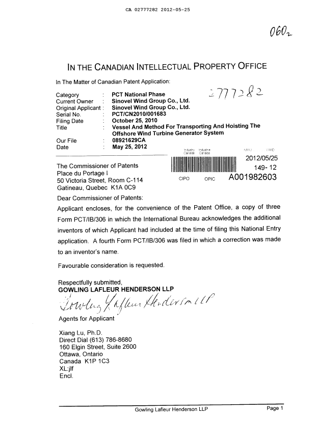 Canadian Patent Document 2777282. Correspondence 20120525. Image 1 of 5