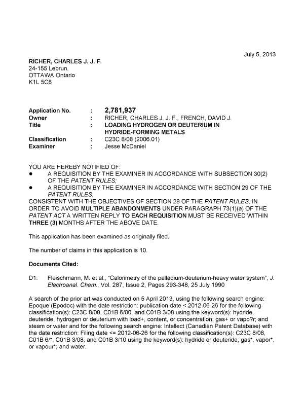 Canadian Patent Document 2781937. Prosecution-Amendment 20130705. Image 1 of 5