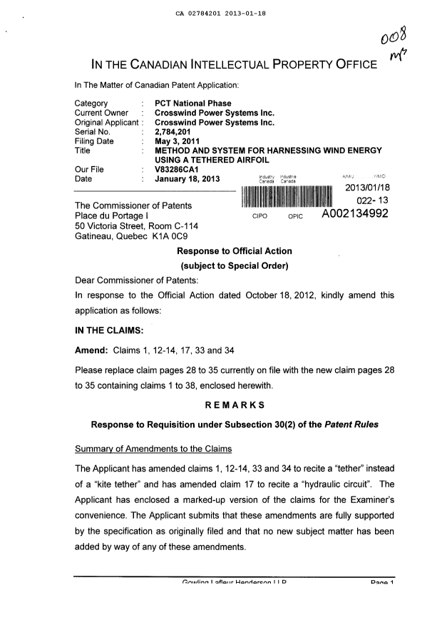 Canadian Patent Document 2784201. Prosecution-Amendment 20130118. Image 1 of 20