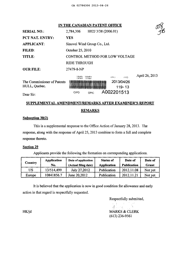 Canadian Patent Document 2784306. Prosecution-Amendment 20130426. Image 1 of 1