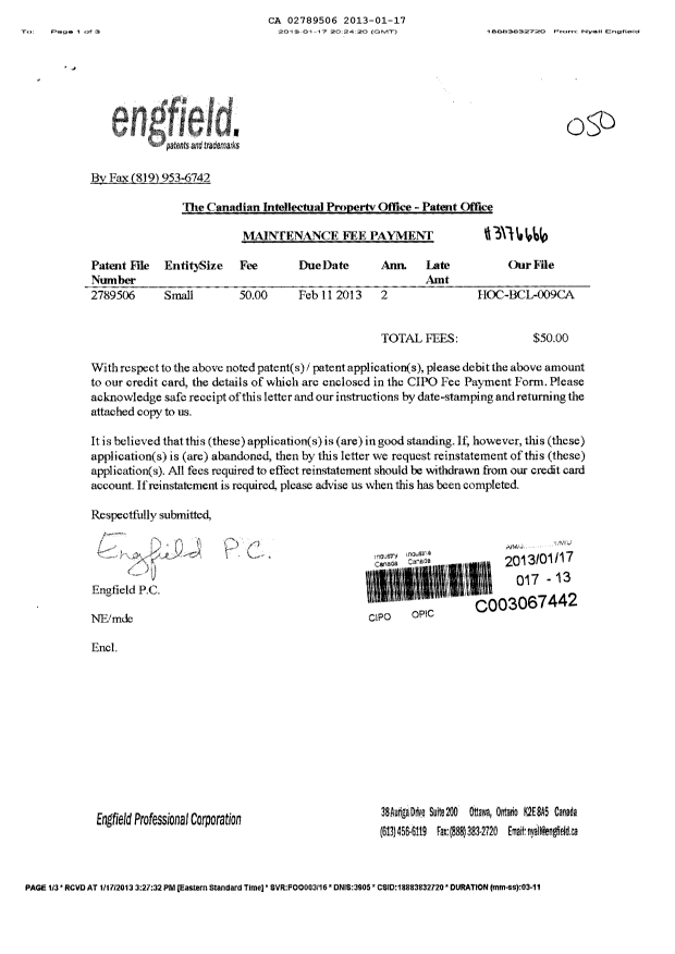 Canadian Patent Document 2789506. Fees 20130117. Image 1 of 1