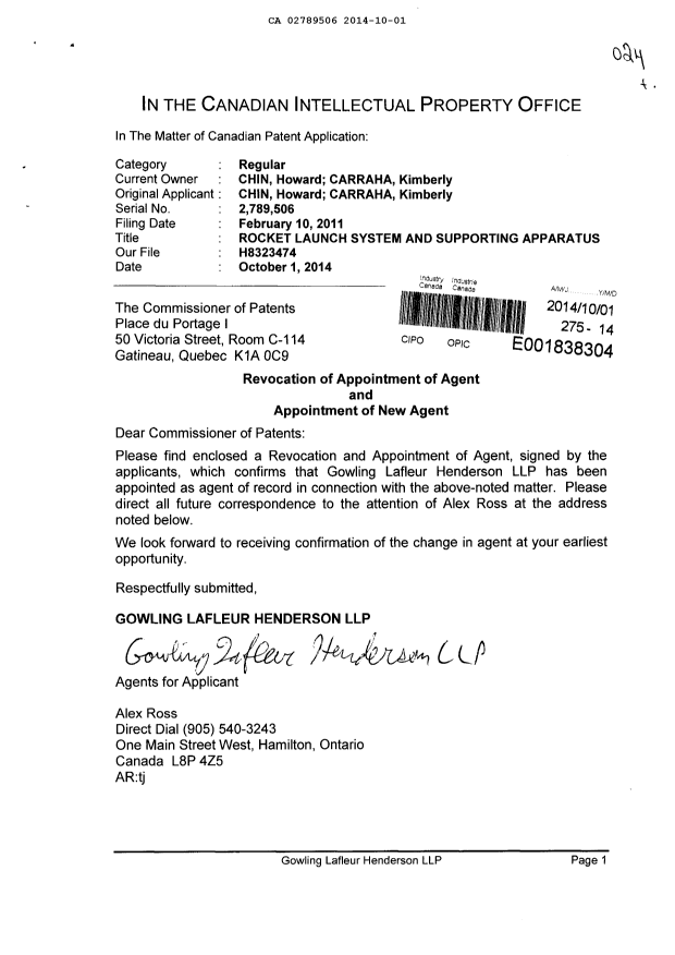 Canadian Patent Document 2789506. Correspondence 20141001. Image 1 of 2