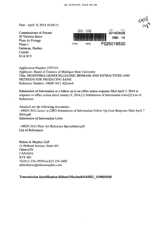 Canadian Patent Document 2797193. Prosecution-Amendment 20140408. Image 1 of 3