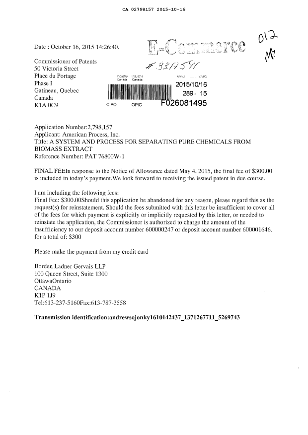 Canadian Patent Document 2798157. Final Fee 20151016. Image 1 of 1
