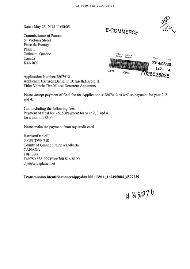 Document de brevet canadien 2807412. Taxes 20140526. Image 1 de 1