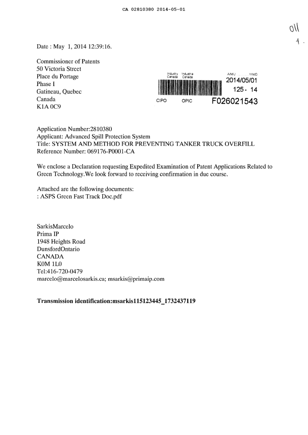 Canadian Patent Document 2810380. Prosecution-Amendment 20140501. Image 1 of 2