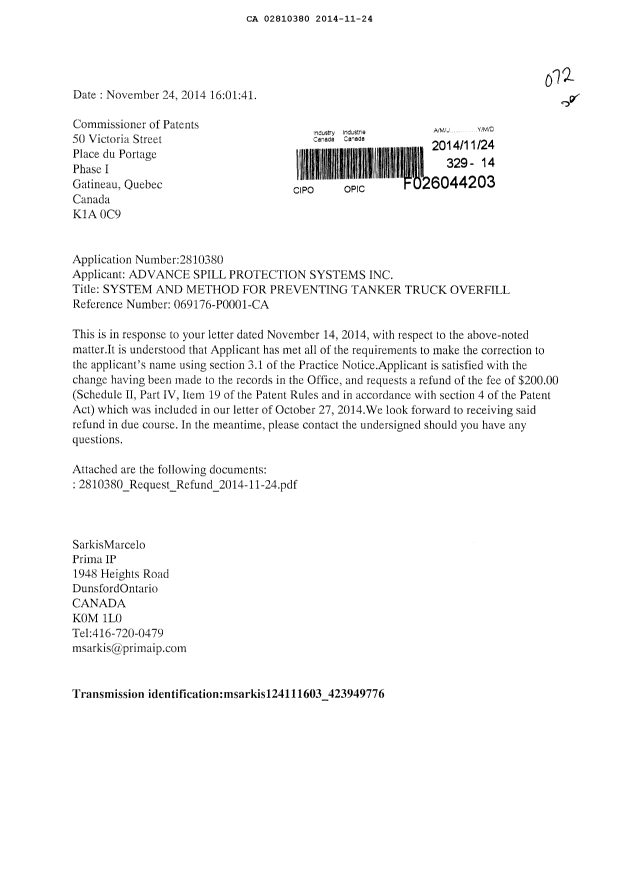 Canadian Patent Document 2810380. Correspondence 20141124. Image 1 of 2