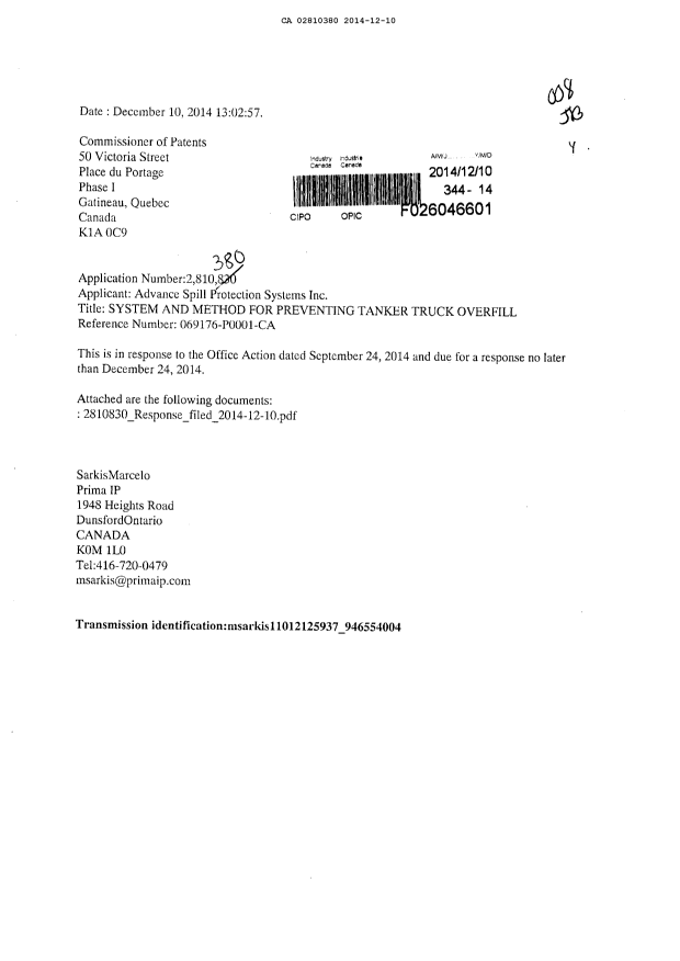 Canadian Patent Document 2810380. Prosecution-Amendment 20141210. Image 1 of 9