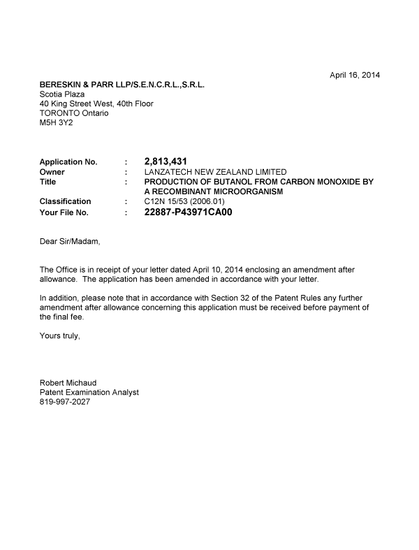 Canadian Patent Document 2813431. Prosecution-Amendment 20140416. Image 1 of 1