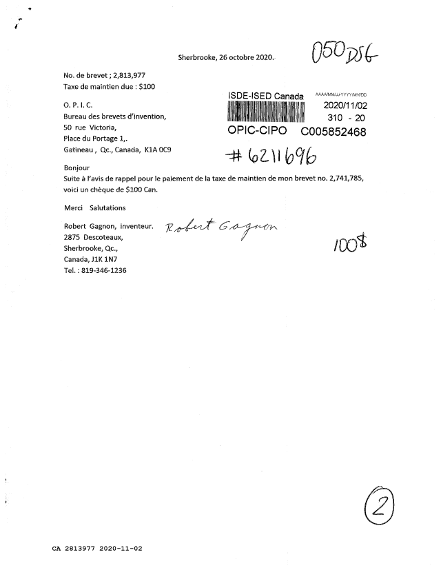 Canadian Patent Document 2813977. Maintenance Fee Payment 20201102. Image 1 of 2