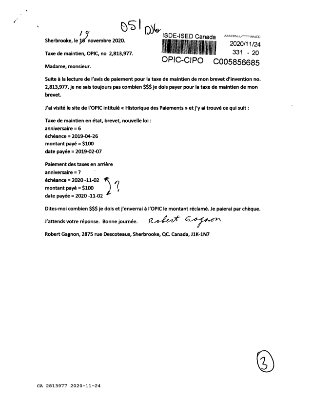 Canadian Patent Document 2813977. Maintenance Fee Correspondence 20201124. Image 1 of 3