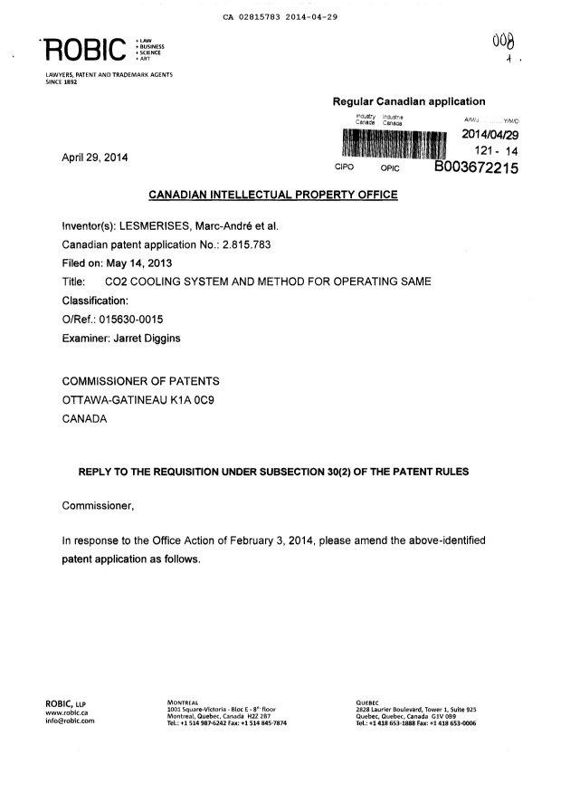 Canadian Patent Document 2815783. Prosecution-Amendment 20140429. Image 1 of 27
