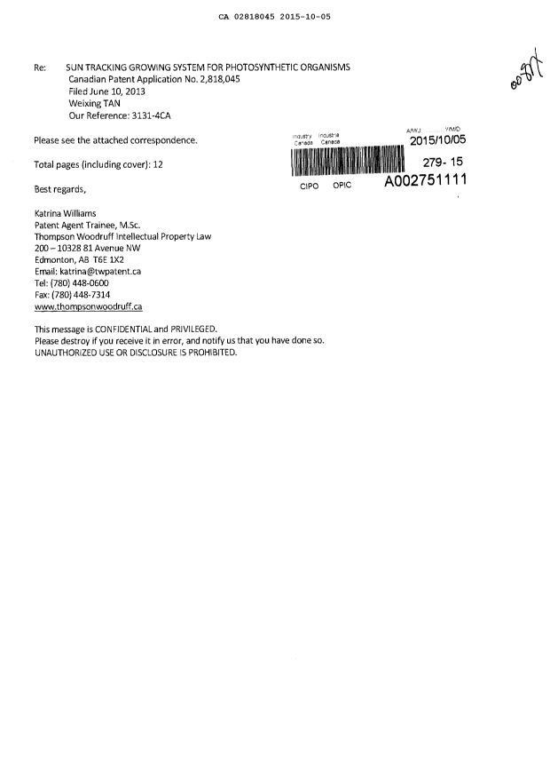 Document de brevet canadien 2818045. Modification 20151005. Image 1 de 12
