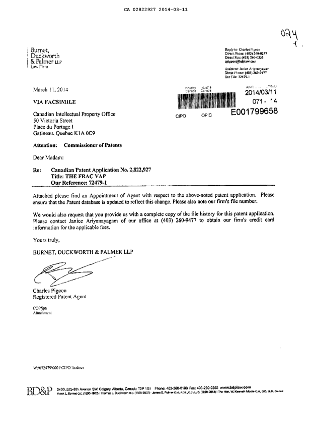Canadian Patent Document 2822927. Correspondence 20140311. Image 1 of 3