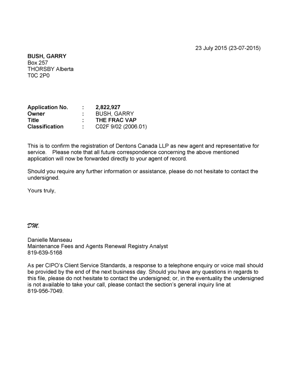 Canadian Patent Document 2822927. Office Letter 20150723. Image 1 of 1