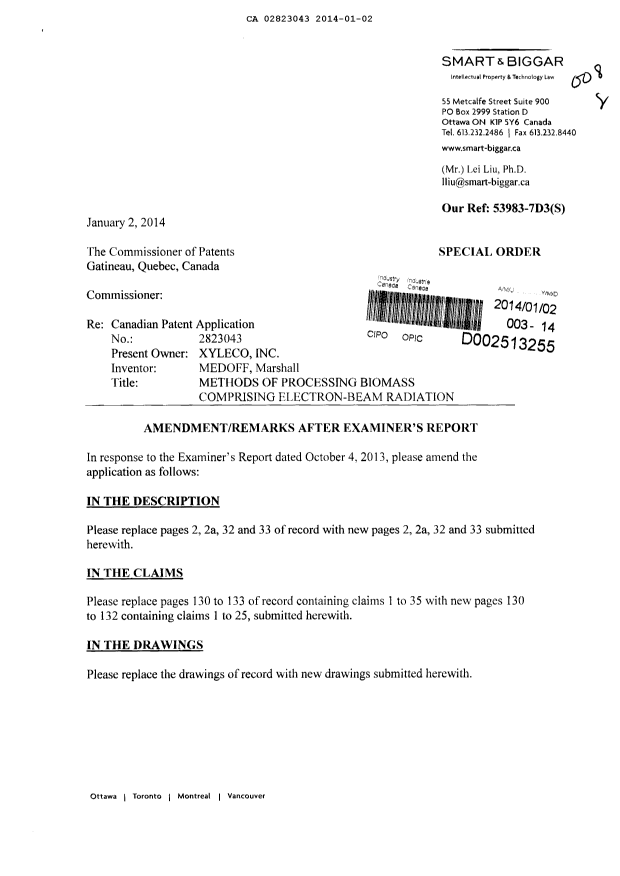 Document de brevet canadien 2823043. Poursuite-Amendment 20140102. Image 1 de 51