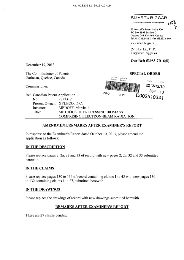 Canadian Patent Document 2823312. Prosecution-Amendment 20131219. Image 1 of 40